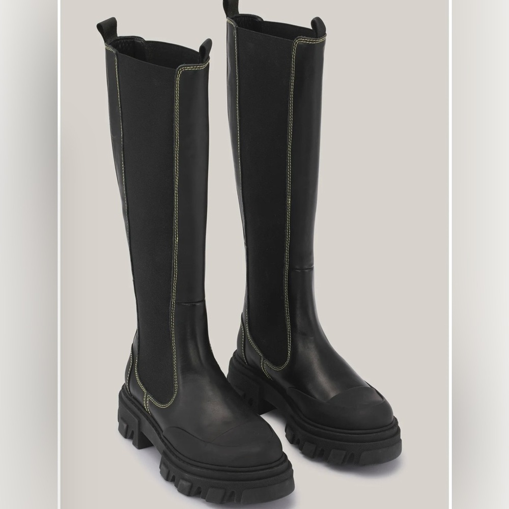 Ganni Black Over-the-Knee Lug-Sole Boots with Contrast Stitching